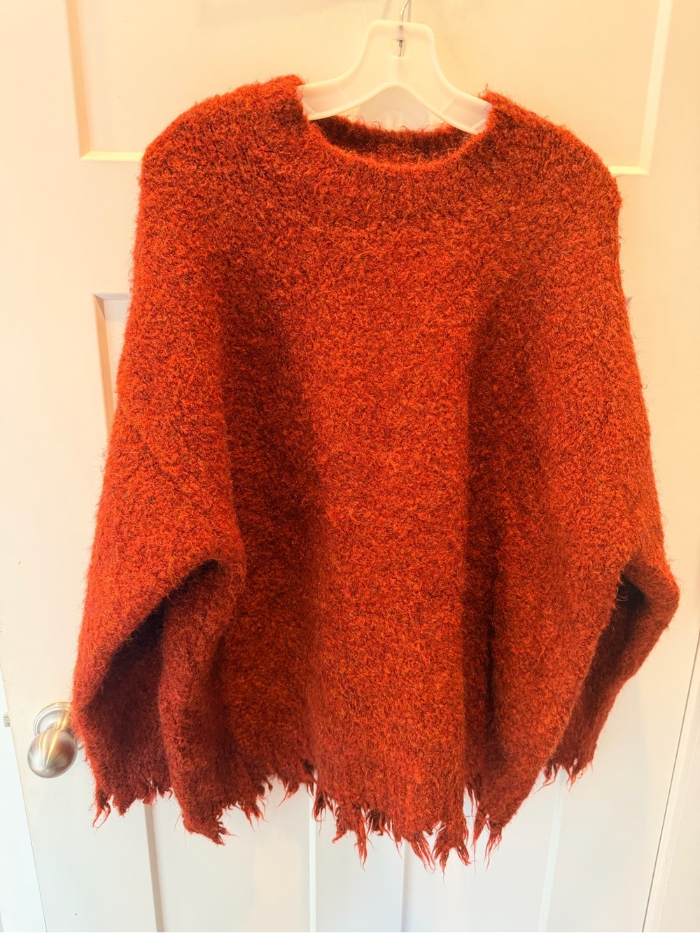 POL Medium Rust Orange Fuzzy Knit Poncho Sweater Distressed Boho Fringe